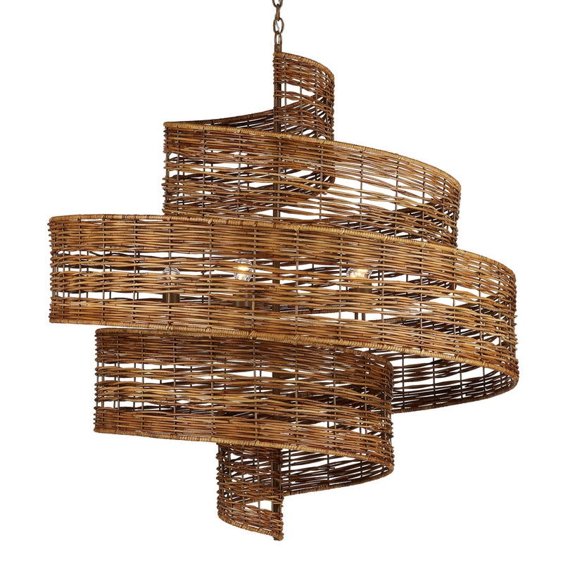 Hiroshi Koshitaka Five Light Chandelier in Khaki/Natural Rattan