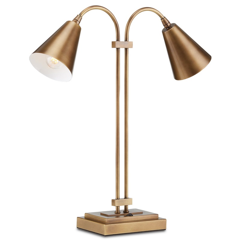 Two Light Desk Lamp in Antique Brass