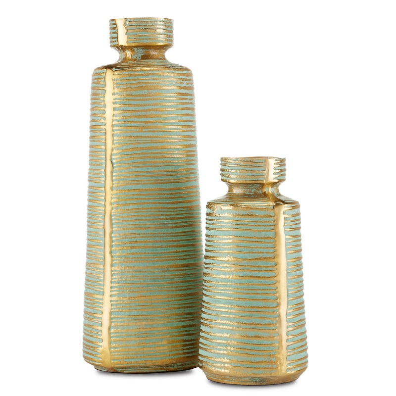 Vase Set of 2 in Green/Brass