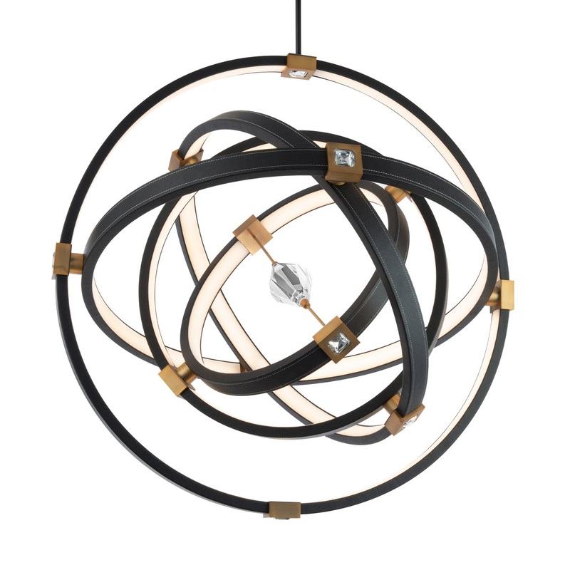 Atomic LED Pendant in Black Leather - Aged Brass