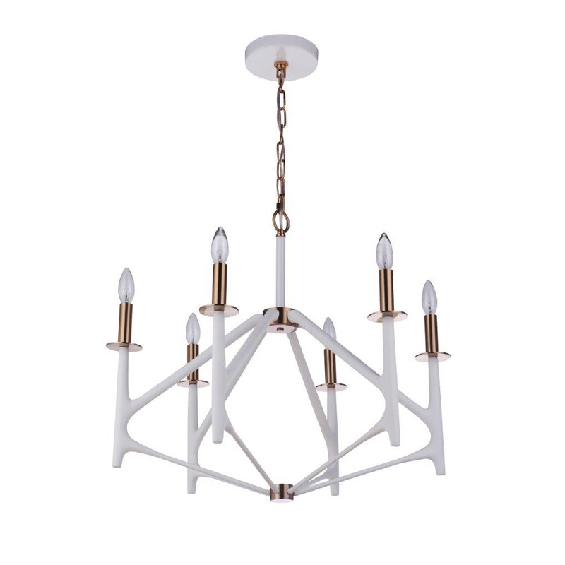 The Reserve Six Light Chandelier in Matte White / Satin Brass