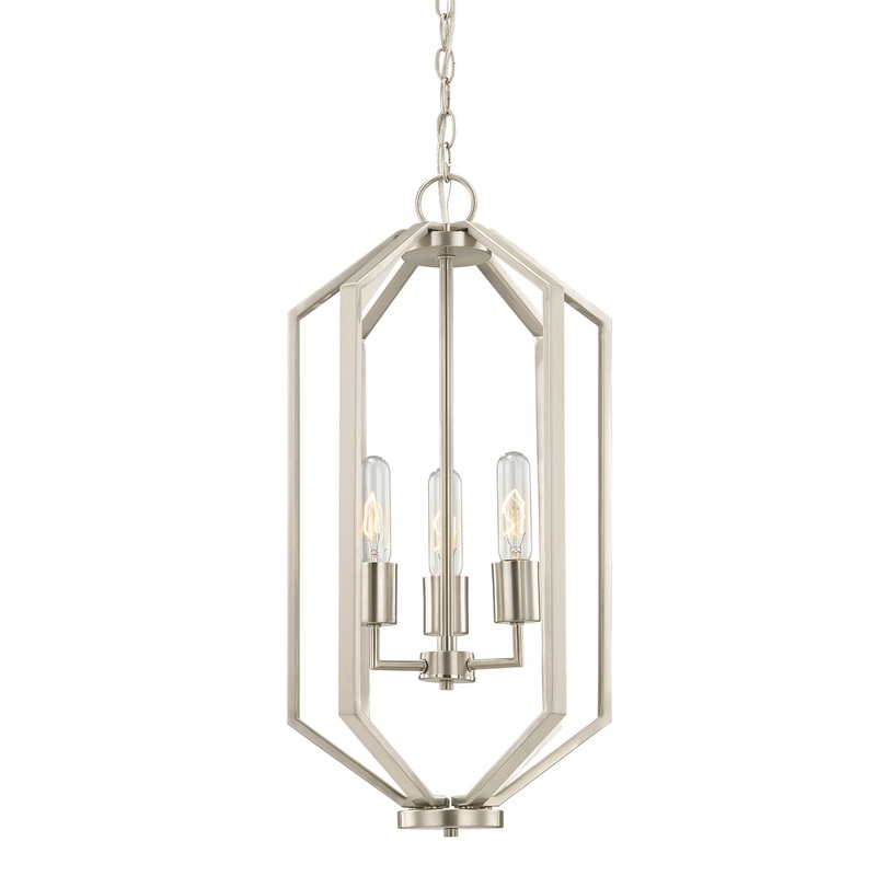 Hexagon Three Light Chandelier in Satin Nickel