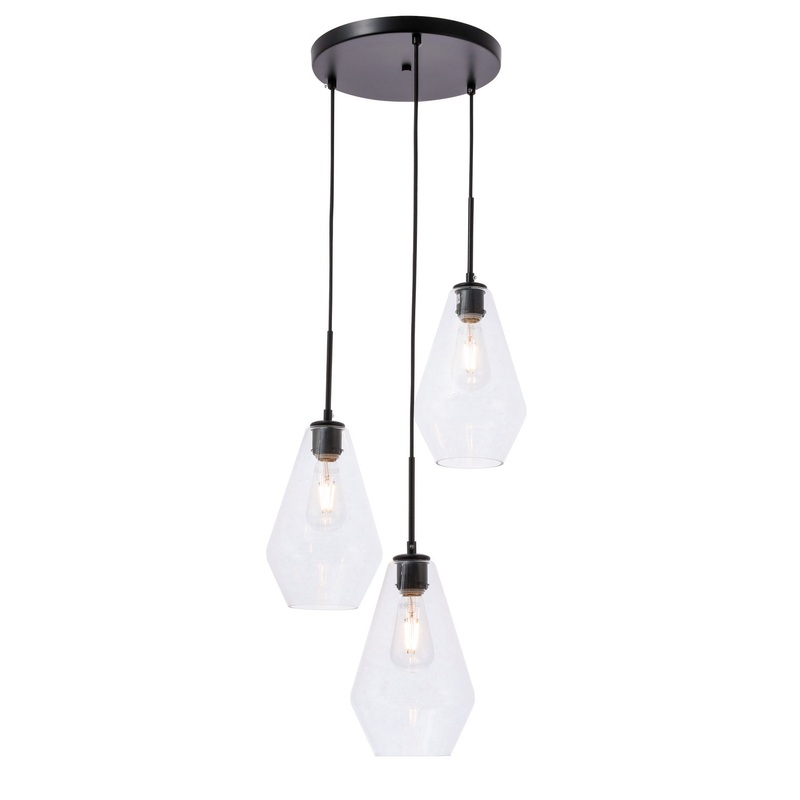 Gene Three Light Pendant in Black And Clear Glass