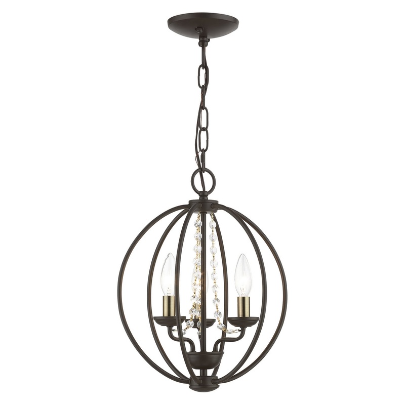 Arabella Three Light Convertible Mini Chandelier/ Semi-Flush in Bronze with Antique Brass Finish Candles