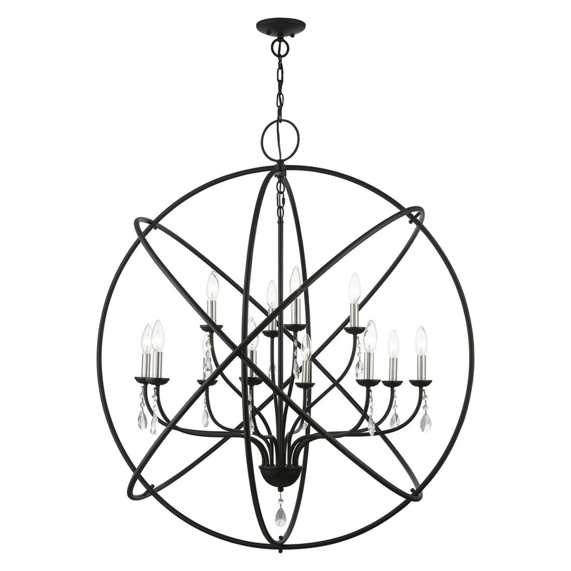 Aria 12 Light Foyer Chandelier in Black with Brushed Nickel Finish Candles