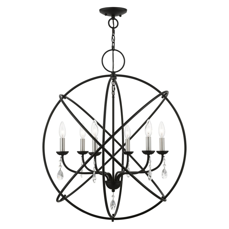 Aria Six Light Pendant Chandelier in Black with Brushed Nickel Finish Candles