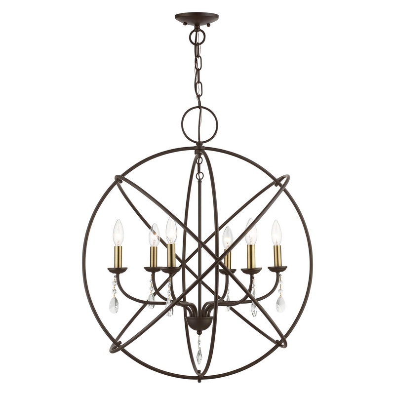 Aria Six Light Pendant Chandelier in Bronze with Antique Brass Finish Candles