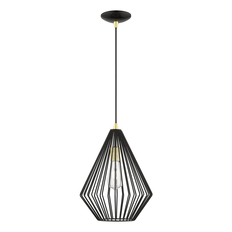 Linz One Light Pendant in Shiny Black with Polished Brass