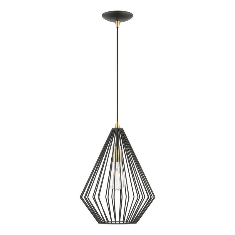 Linz One Light Pendant in Textured Black with Antique Brass