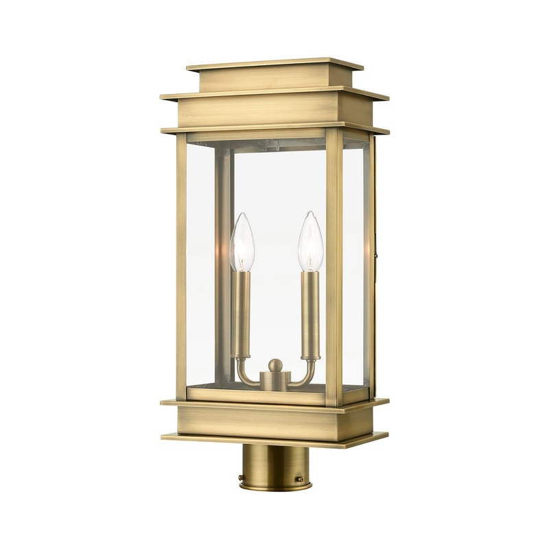 Princeton Two Light Outdoor Post Top Lantern in Antique Brass with Polished Chrome Stainless Steel Reflector
