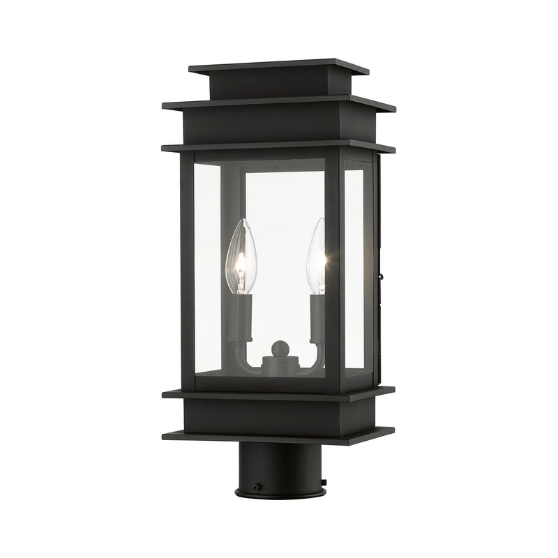 Princeton Two Light Outdoor Post Top Lantern in Black with Polished Chrome Stainless Steel Reflector