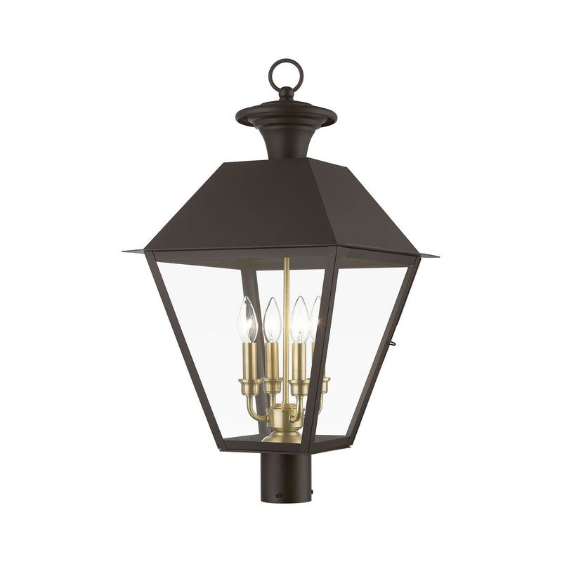 Wentworth Four Light Outdoor Post Top Lantern in Bronze with Antique Brass Finish Cluster