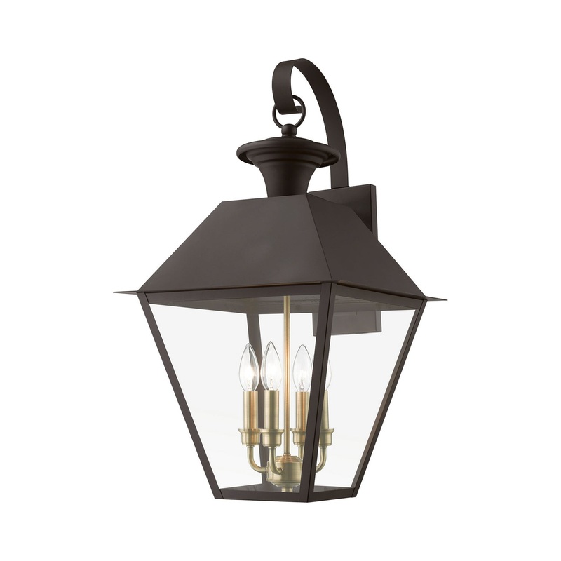 Wentworth Four Light Outdoor Wall Lantern in Bronze with Antique Brass Finish Cluster