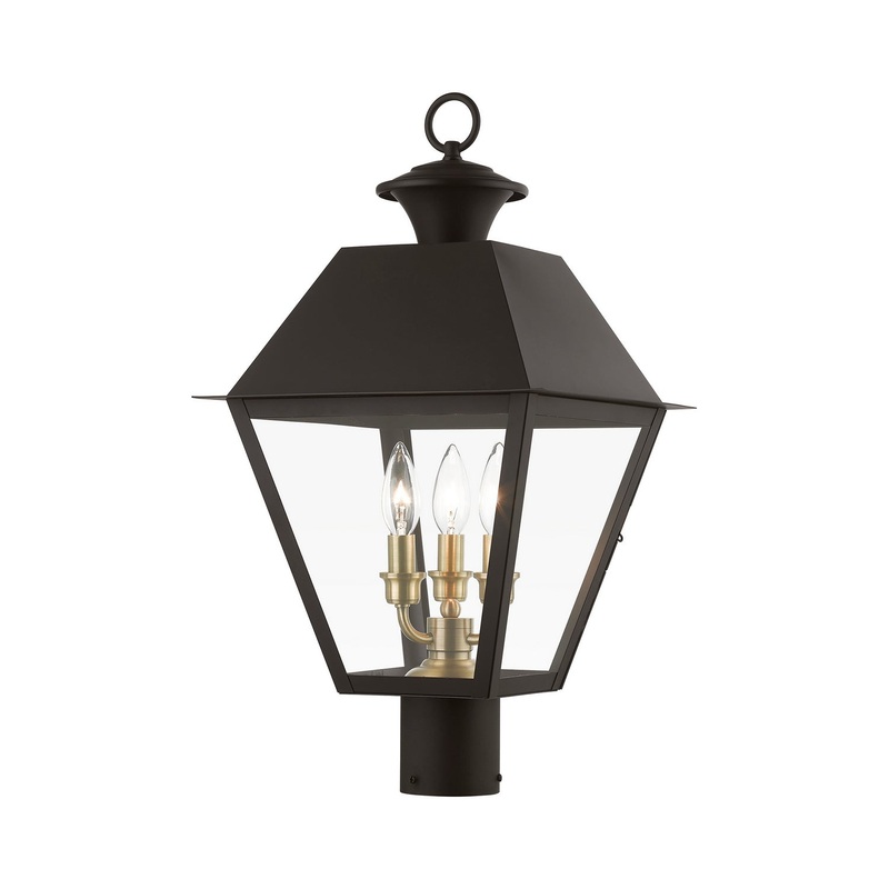 Wentworth Three Light Outdoor Post Top Lantern in Bronze with Antique Brass Finish Cluster