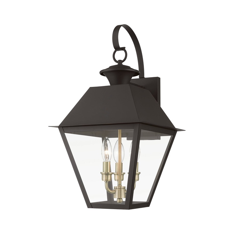 Wentworth Three Light Outdoor Wall Lantern in Bronze with Antique Brass Finish Cluster
