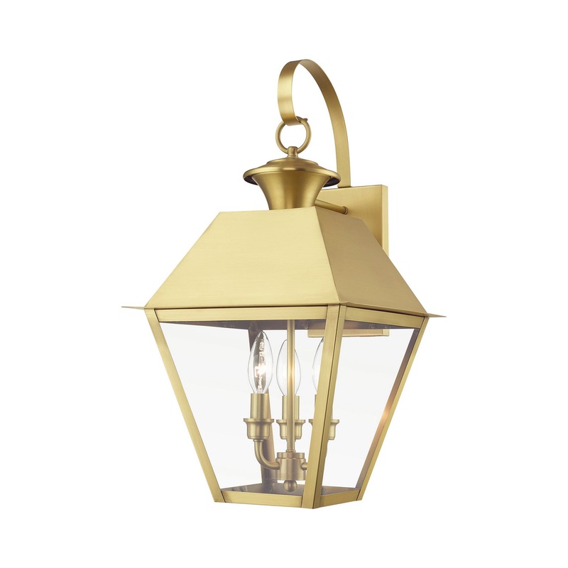 Wentworth Three Light Outdoor Wall Lantern in Natural Brass