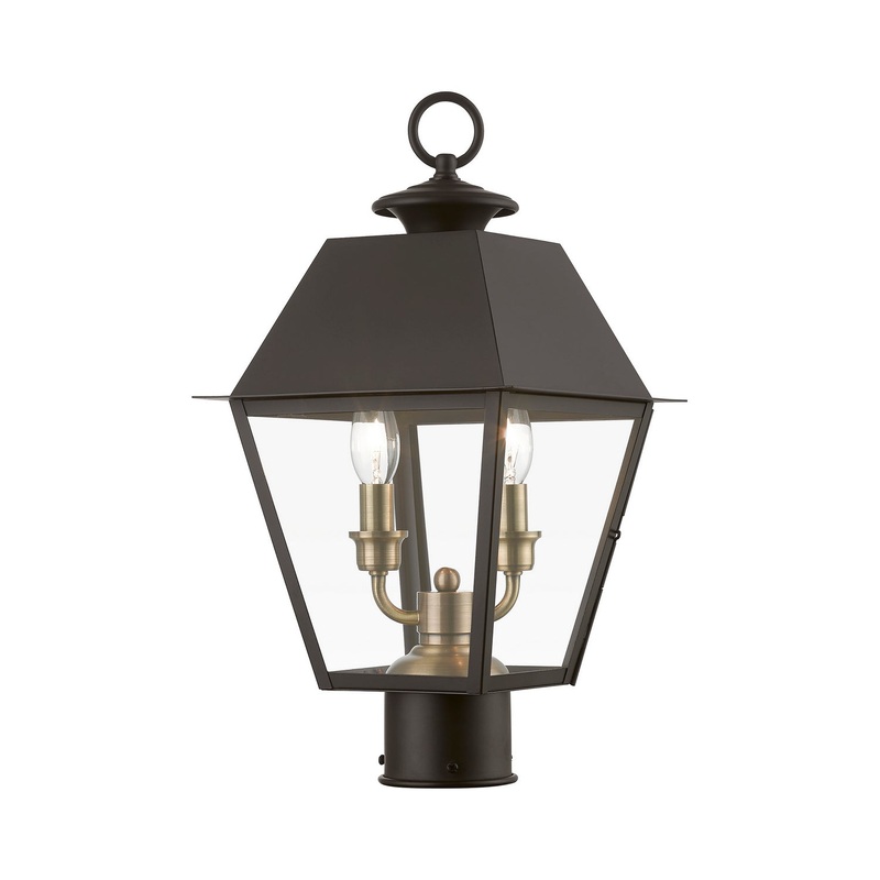 Wentworth Two Light Outdoor Post Top Lantern in Bronze with Antique Brass Finish Cluster