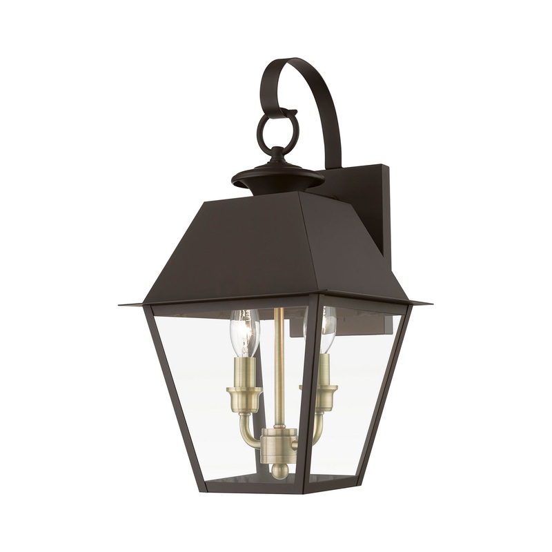Wentworth Two Light Outdoor Wall Lantern in Bronze with Antique Brass Finish Cluster