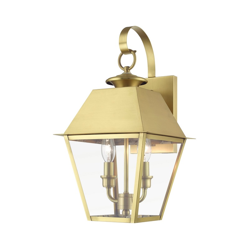 Wentworth Two Light Outdoor Wall Lantern in Natural Brass