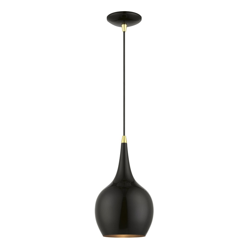 Andes One Light Mini Pendant in Shiny Black with Polished Brass
