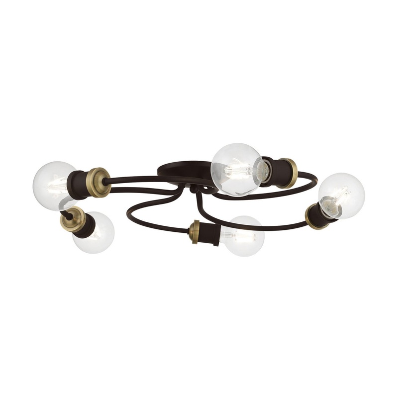 Bromley Five Light Flush Mount in Bronze with Antique Brass