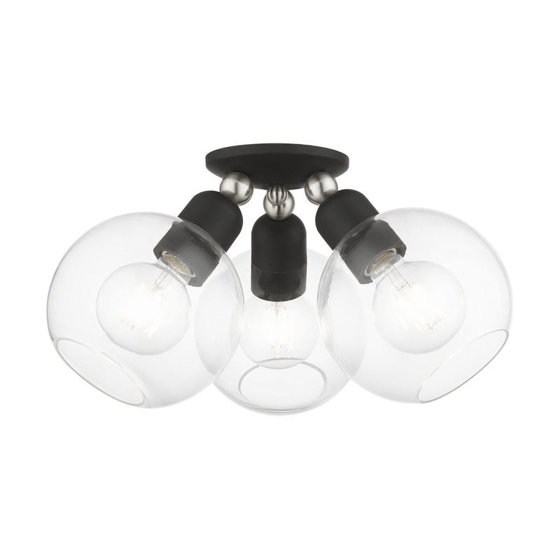 Downtown Three Light Semi-Flush Mount in Black with Brushed Nickel
