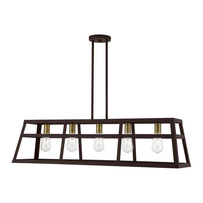 Schofield Five Light Linear Chandelier in Bronze with Antique Brass
