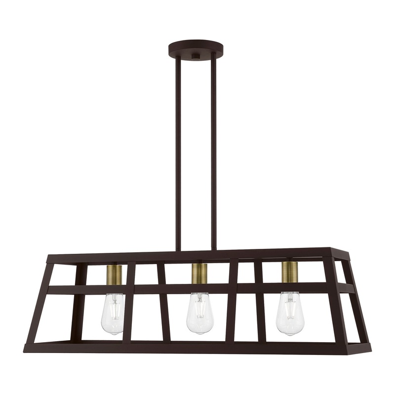 Schofield Three Light Linear Chandelier in Bronze with Antique Brass