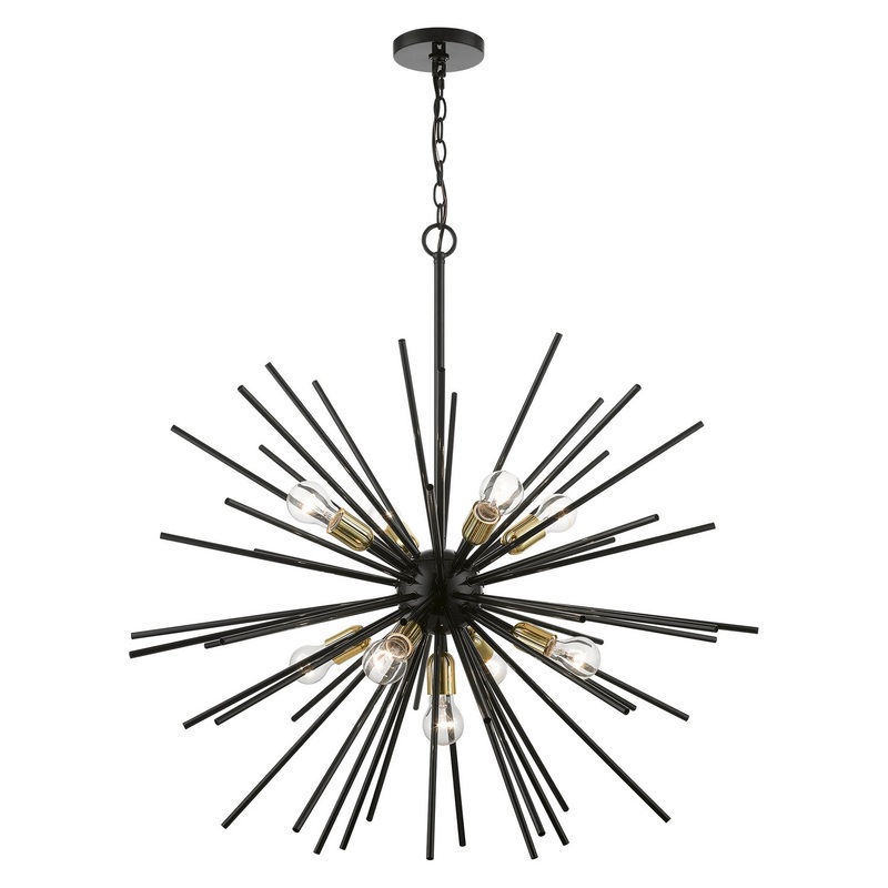Tribeca Nine Light Foyer Pendant Chandelier in Shiny Black with Polished Brass