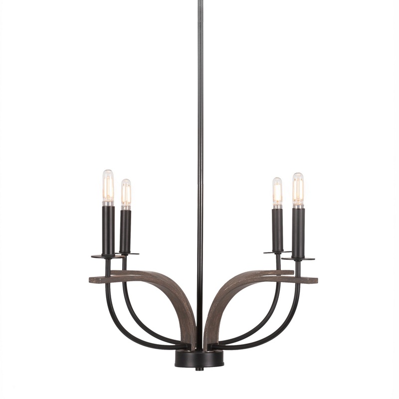 Monterey Four Light Chandelier in Matte Black & Painted Distressed Wood-look Metal