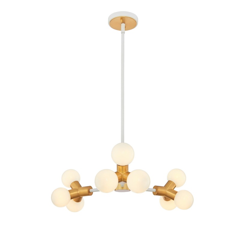 Tres Nine Light Chandelier in White and New Brass