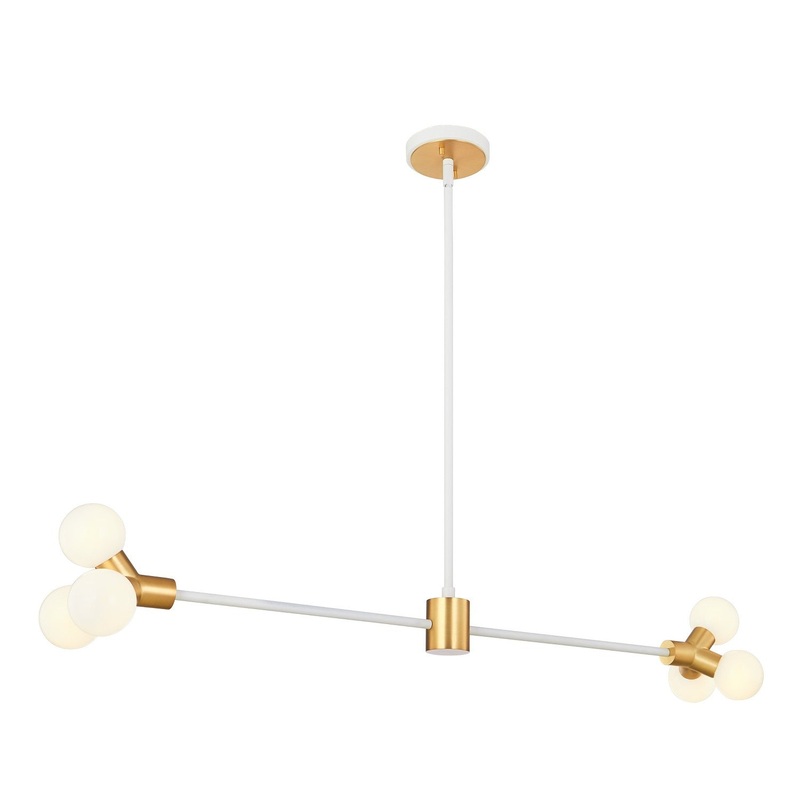 Tres Six Light Island Pendant in White and New Brass