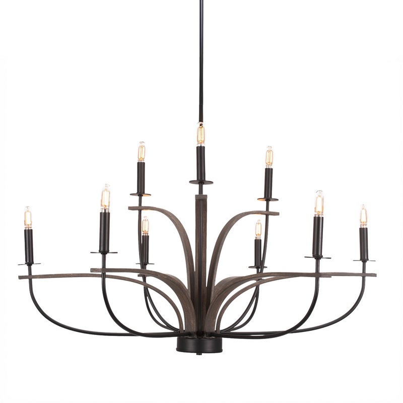 Monterey Nine Light Chandelier in Matte Black & Painted Distressed Wood-look Metal