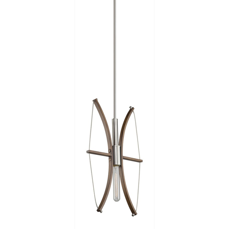Arco One Light Pendant in Faux Wood & Brushed Nickel