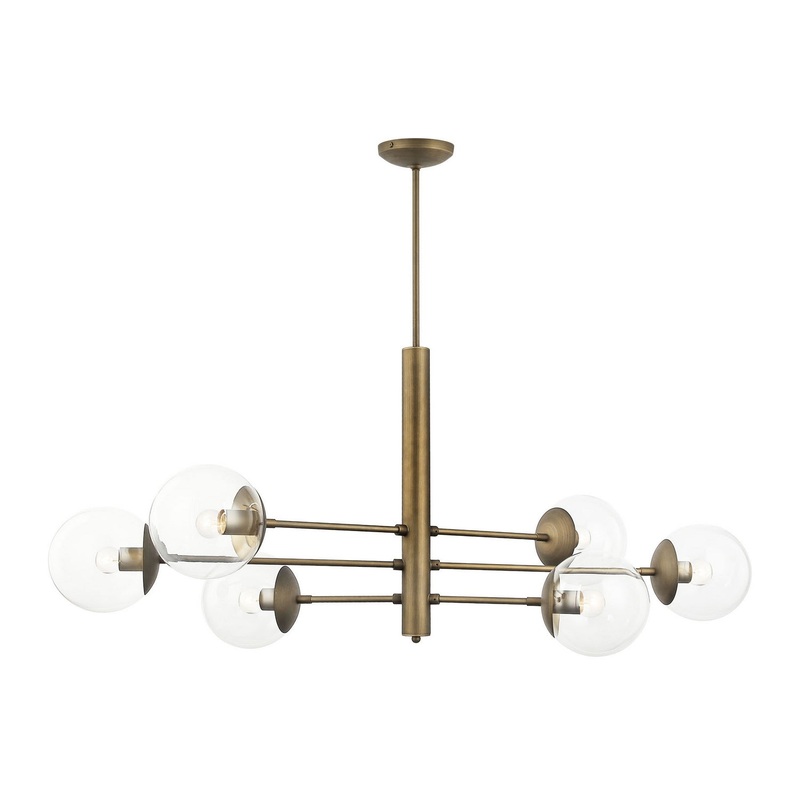 Mid-Century Six Light Linear Pendant in Antique Brass