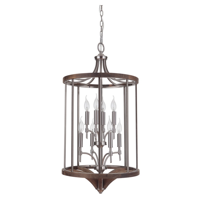 Tahoe Eight Light Foyer Pendant in Brushed Nickel/Whiskey Barrel