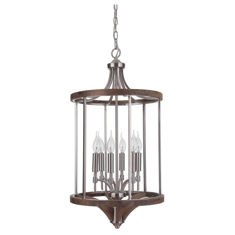 Tahoe Six Light Foyer Pendant in Brushed Nickel/Whiskey Barrel
