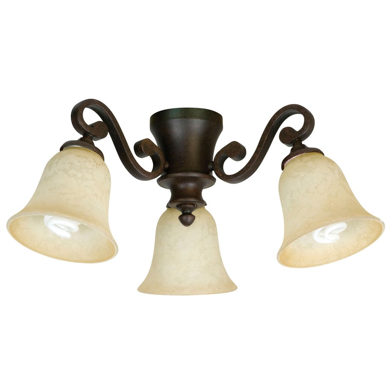 3 Light Fitter and Glass LED Fan Light Kit in Aged Bronze Textured