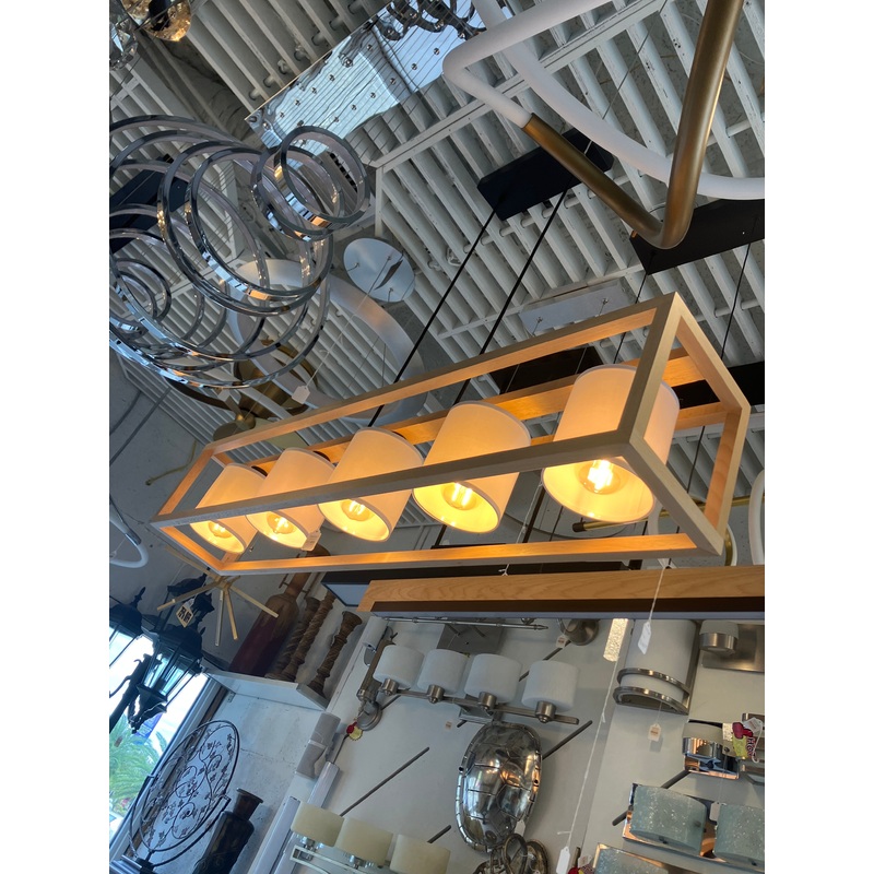 5 LT Linear Pendant w/ Natural Wood Open Frame and White Fabric Shades