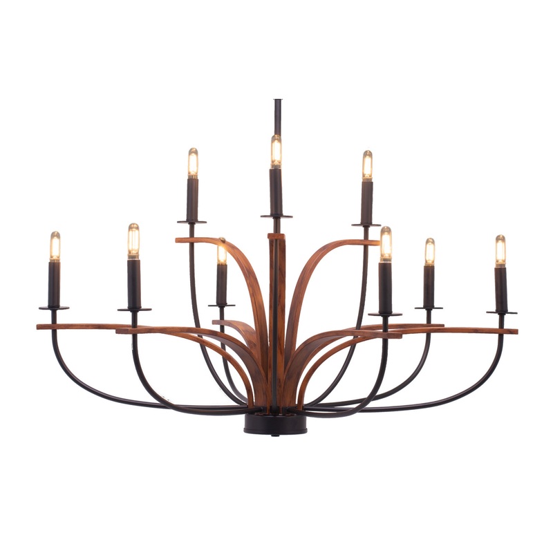 Monterey Nine Light Chandelier in Matte Black & Painted Wood-look Metal