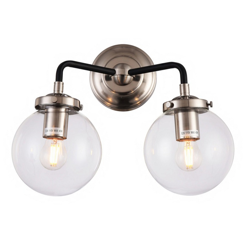 Two Light Wall Sconce in Polished Nickel & Black