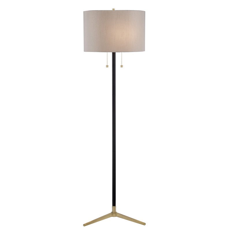 Two Light Floor Lamp in Antique Brass & Black
