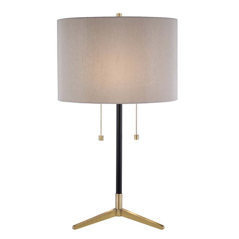 Two Light Table Lamp in Antique Brass & Black